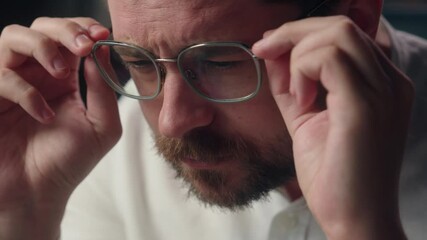 Caucasian worker employer manager male developer eyesight problem businessman remove eyeglasses in office entrepreneur man guy eyes damage from computer overwork lawyer myopia executive blurry vision