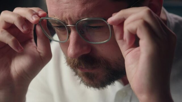 Caucasian worker employer manager male developer eyesight problem businessman remove eyeglasses in office entrepreneur man guy eyes damage from computer overwork lawyer myopia executive blurry vision