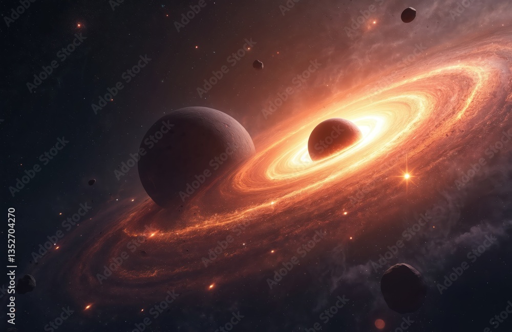Poster illustration of a black hole with bright star in center and planet, asteroid and galaxy. cosmic obje