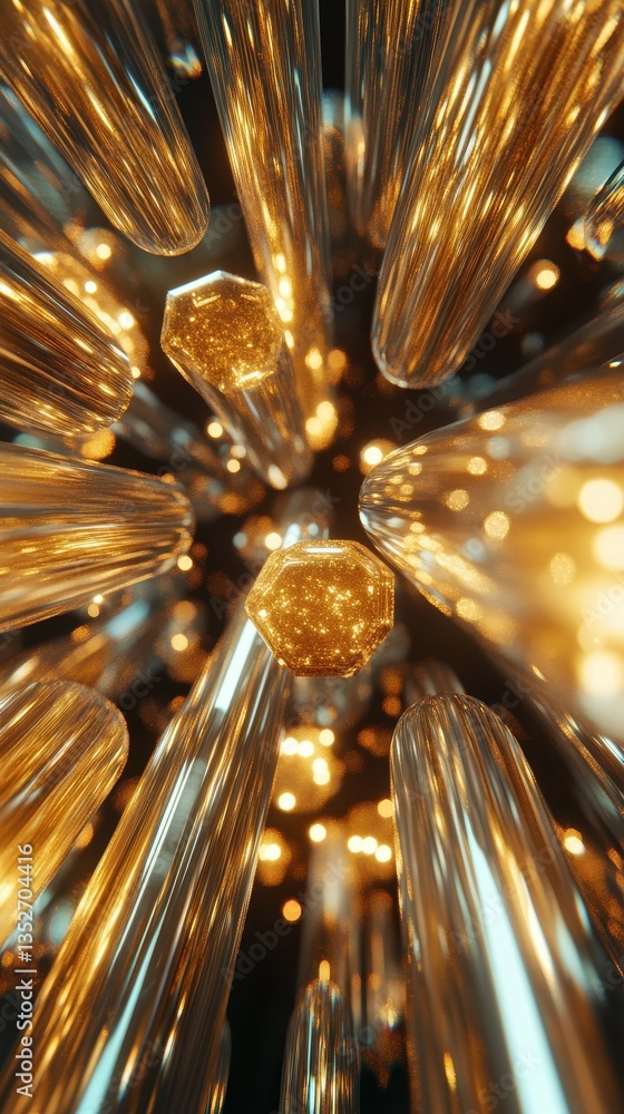 Poster golden crystalline structures radiate light creating a unique and abstract design