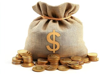 Large Money Bag with Indian Rupee Symbol, Surrounded by Gold Coins on White Background