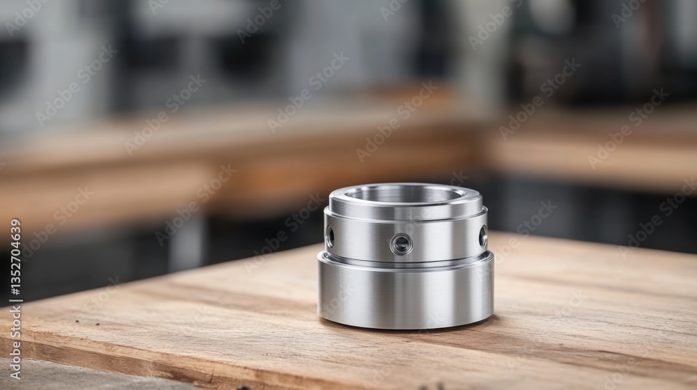 Poster precision machined metal part with sleek finish on wooden surface in modern workshop setting