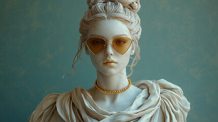 Classical style marble bust of a young woman with sunglasses