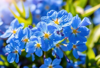 Radiant blue blossoms, glistening with morning dew, bathed in soft sunlight, serene,  flower macro