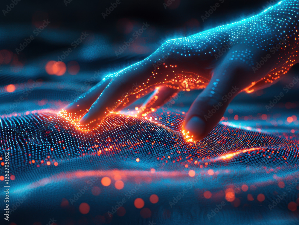 Poster fingertips creating luminous ripples in an invisible energy barrier in a sci-fi setting