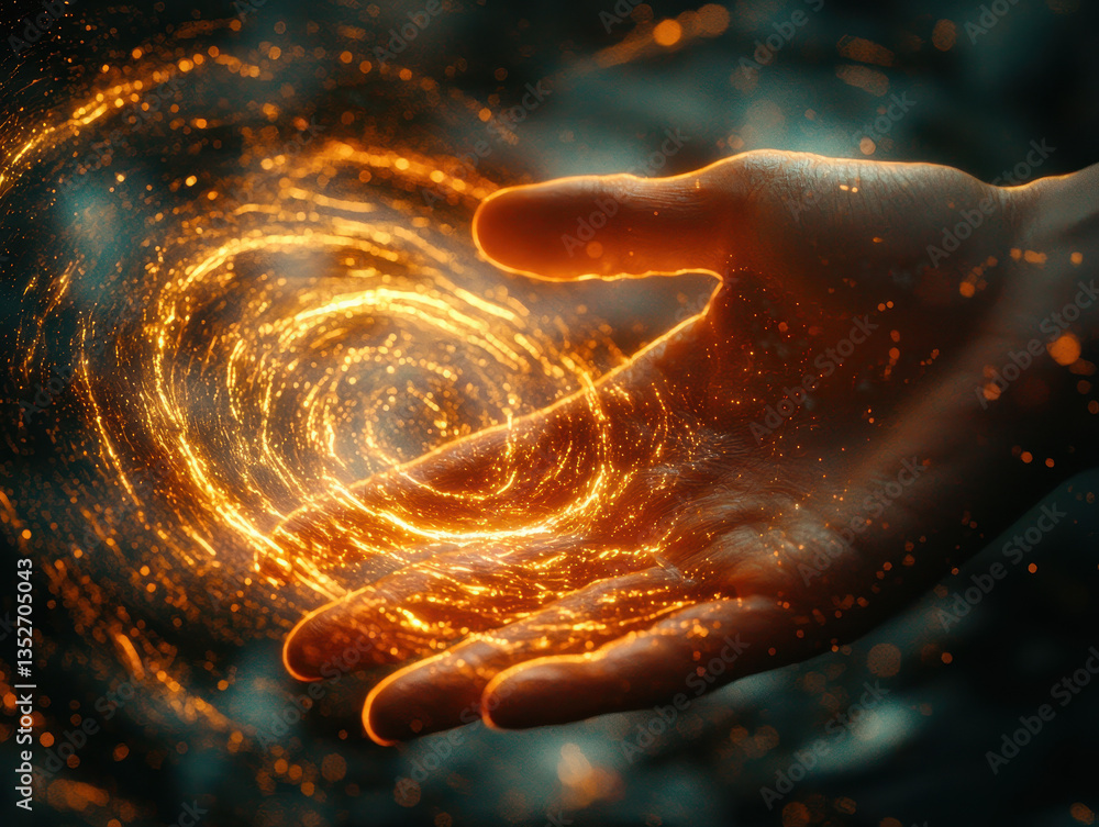 Poster fingertips create luminous ripples on an energy barrier in a sci-fi setting