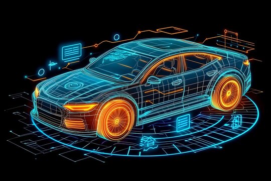 Digital Representation of a Futuristic Car on a Dark Black Background