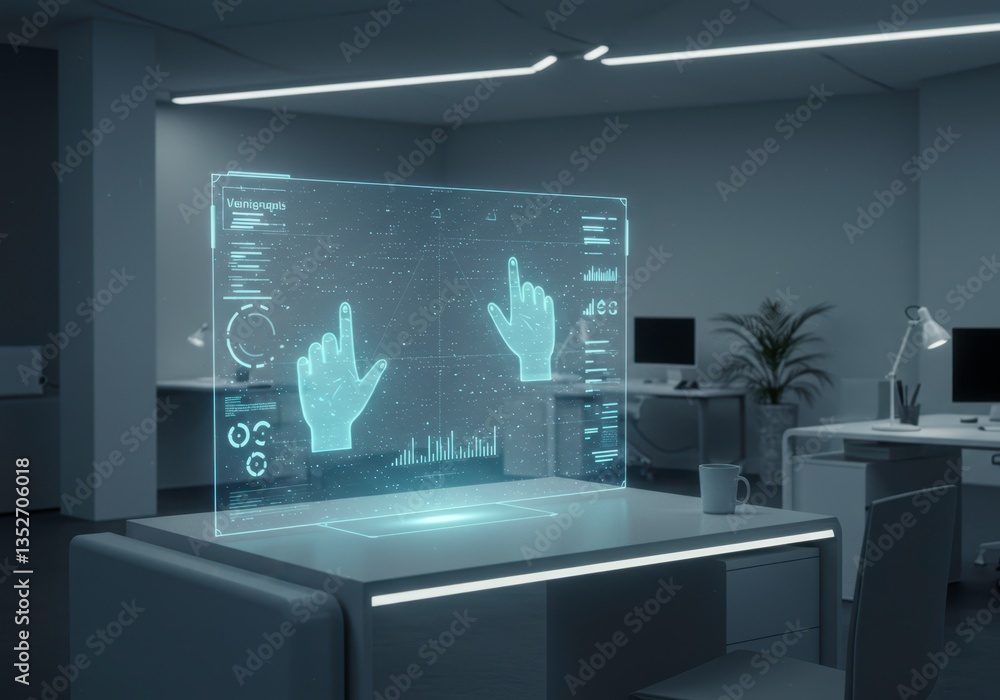 Poster virtual reality technology. digital hands pointing on interactive screen. futuristic innovative cybe