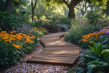 Obraz premium Beautiful winding pathway through a vibrant garden filled with colorful flowers and lush greenery in the early morning light