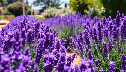 Obraz premium Rows of vibrant purple lavender flowers bloom in a sunny garden, nature, light