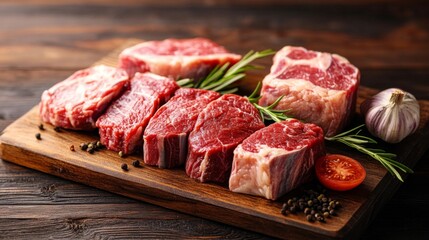 Fototapeta premium Raw Beef Steaks on Wooden Board with Herbs and Spices