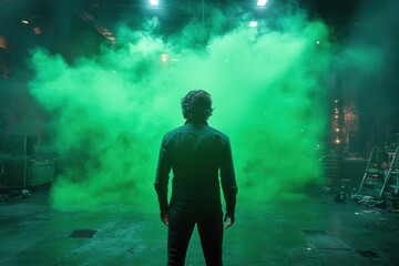 Fototapeta premium Dramatic green smoke envelops a figure standing in a dimly lit warehouse during an artistic performance