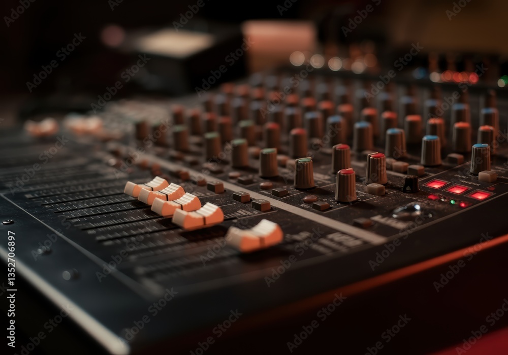 Poster close-up of a professional audio mixing console with various controls