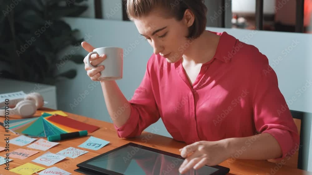 Poster top view of designer writing idea on colorful sticky notes while sitting at meeting table with table