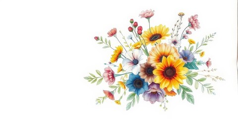 Rustic watercolor wildflower bouquet painted on kraft paper, set against a clean white background, texture, wedding