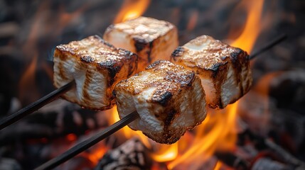 Marshmallows on a stick over a campfire, close-up.