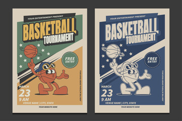 retro basketball tournament poster with vintage mascot character, vector, illustration