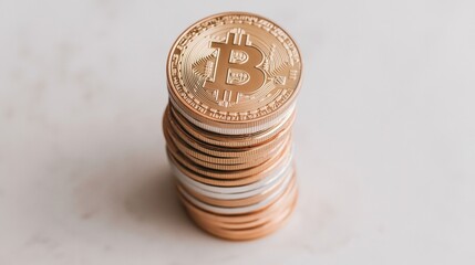 A close-up of stacked Bitcoin coins on a light background.