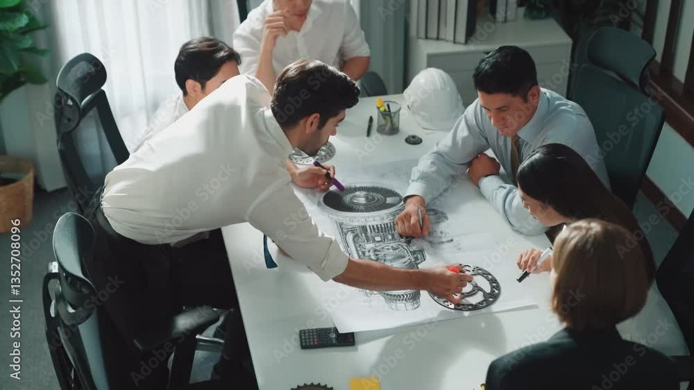 Aufkleber top view of professional engineer showing and talking about turbine engine design. aerial view of sk