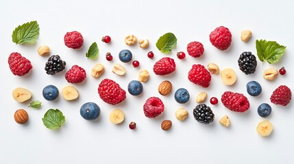 Assorted Colorful Fresh Fruit and Nut Arrangement on a White Surface