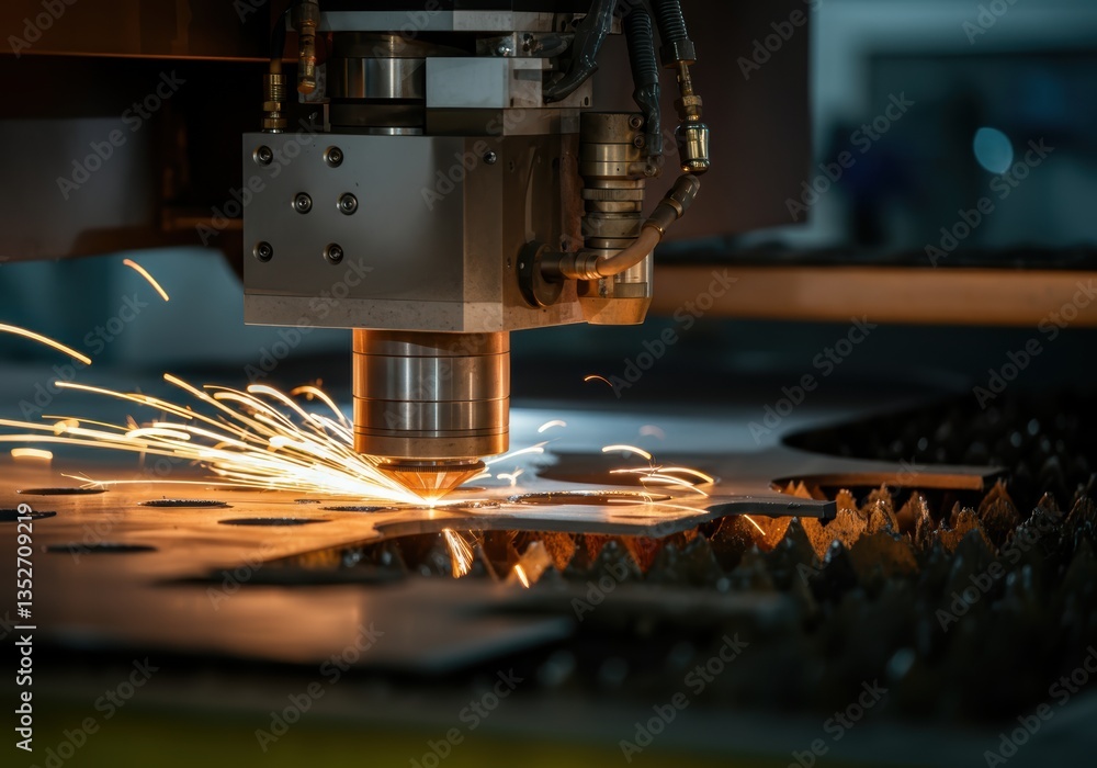 Poster laser cutting machine creating sparks while processing metal sheets