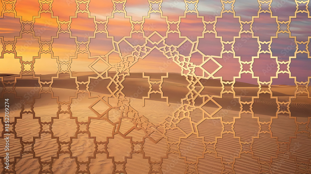 Poster desert landscape with golden geometric pattern overlay at sunset creating an abstract scene