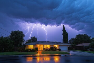 Dark storm clouds loom over a house illuminated by lightning in a suburban neighborhood during night