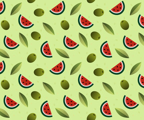 Summer themed textured seamless pattern with watermelons and olives in green background
