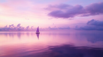 Obraz premium A serene sailboat gliding across tranquil waters during a colorful sunset.