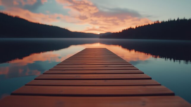 A wooden dock extending into a serene lake at sunset, surrounded by trees and mountains.