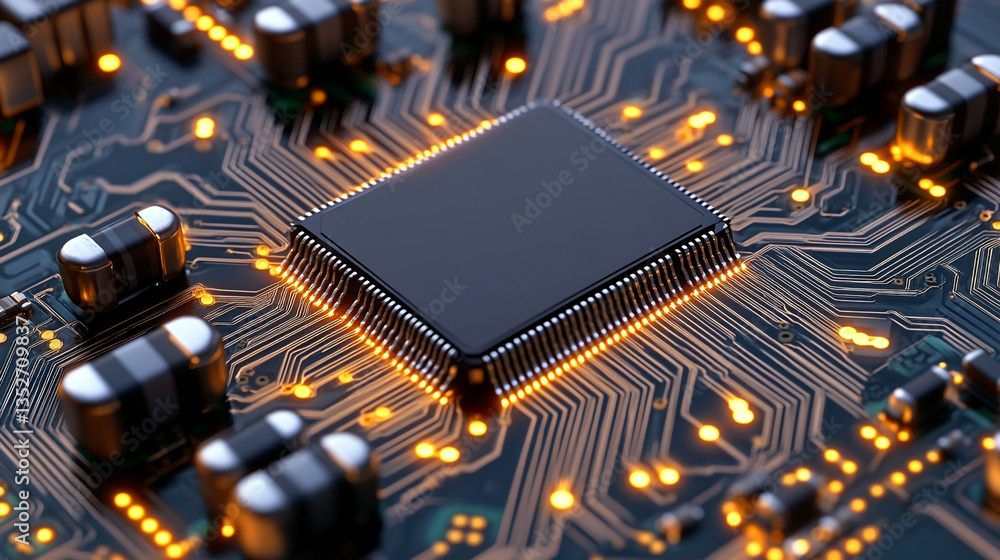 Poster a high-resolution close-up of a futuristic circuit board featuring an intricate computer chip design