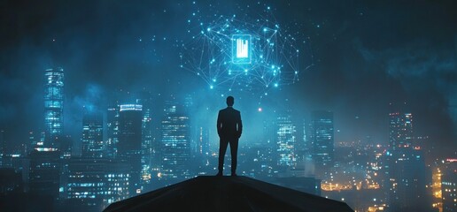Businessman contemplating futuristic cityscape with digital data network.