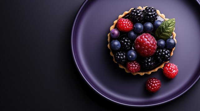 Close-up of a dessert on a purple plate. the dessert appears to be a tart with a golden-brown crust and is topped with fresh berries.