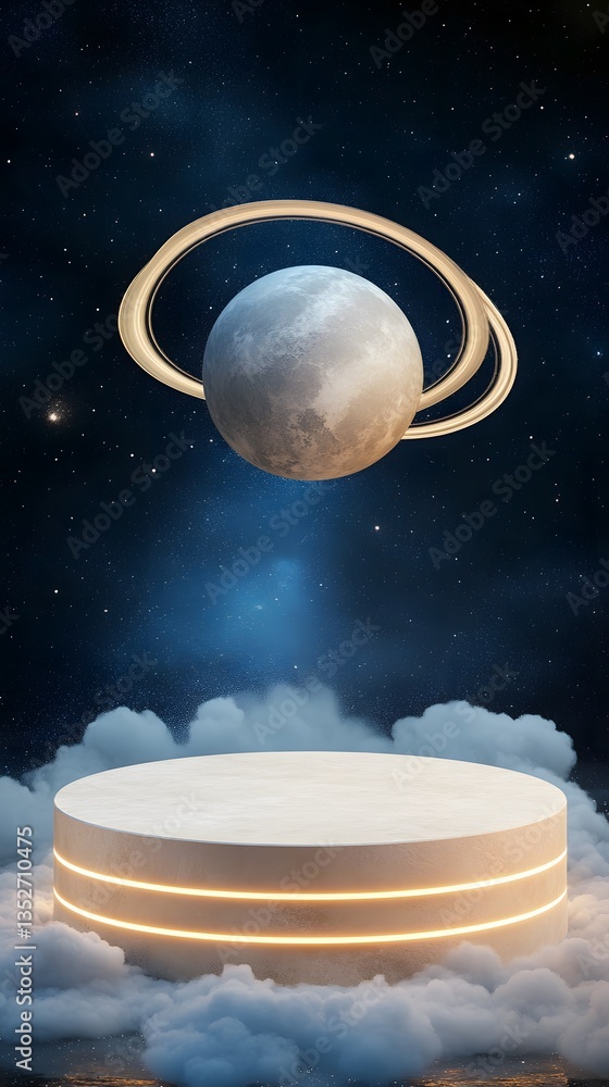 Poster a circular podium, floating in an outer space setting with planetary rings
