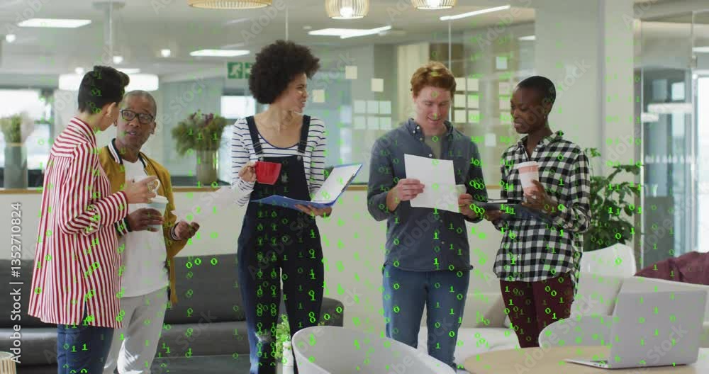 Poster diverse group of colleagues discussing documents with digital data overlay animation