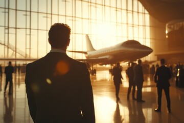 Businessman looking at private jet in hangar at sunset.