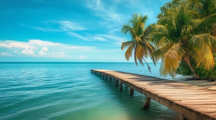 Obraz premium Inviting tropical shoreline rustic wooden pier extending into calm azure ocean Gentle ripple reflect sunlight while palm tree sway breeze combination of natural element human made structure creates