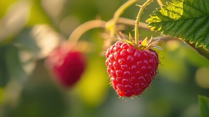 A ripe red raspberry fruit hangs on a green leafy branch outdoors
