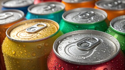 Close-up of assorted soft drink cans in vibrant metallic colors