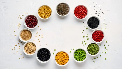 Legumes and grains on a white background.
