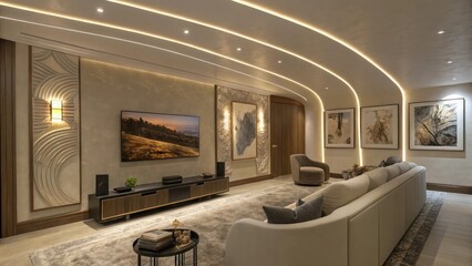A sleek space with hidden ambient lighting along curved walls, high-end furniture, and artistic decor.
