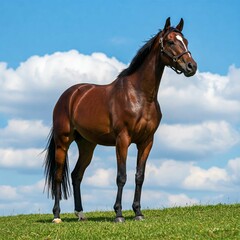 Majestic Brown Horse Standing on Grass Field under Blue Sky