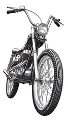 A stylized black and white image of a classic motorcycle