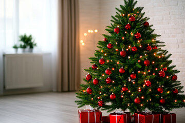 A Vivid Studio Image of a Cozy Christmas Tree Adorned with Rich Red and Glistening Gold Ornaments Evoking a Warm Holiday Atmosphere