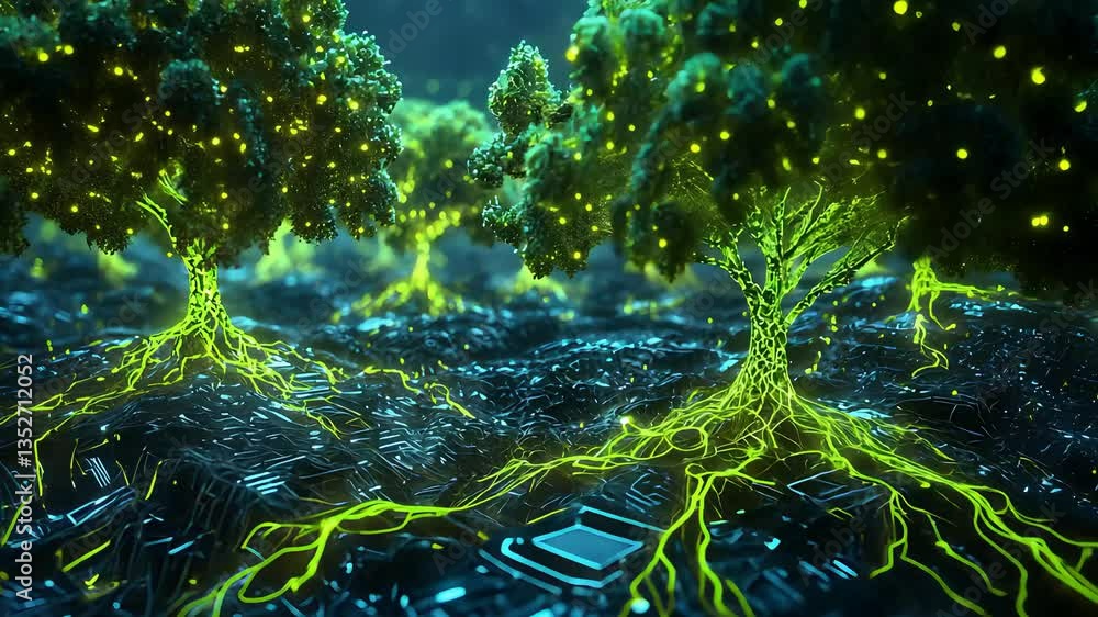 Poster Digital Forest with Tree Roots Connected to Circuitry

