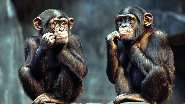 Two chimpanzee babies sitting, zoo enclosure, thoughtful, possible use education, animals, wildlife