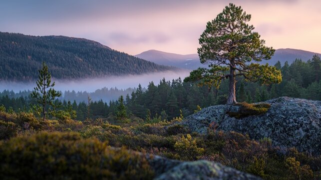 a lonely pine tree on a rock in a mountain valley 