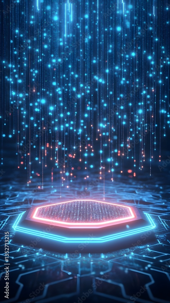 Poster a futuristic levitating hexagonal podium, surrounded by floating digital neon interfaces