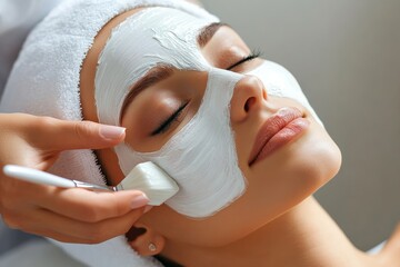 Photo of a woman recovery and facial treatment in a beauty salon, with a face mask.