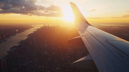 Airplane view: stunning new york city skyline at sunrise